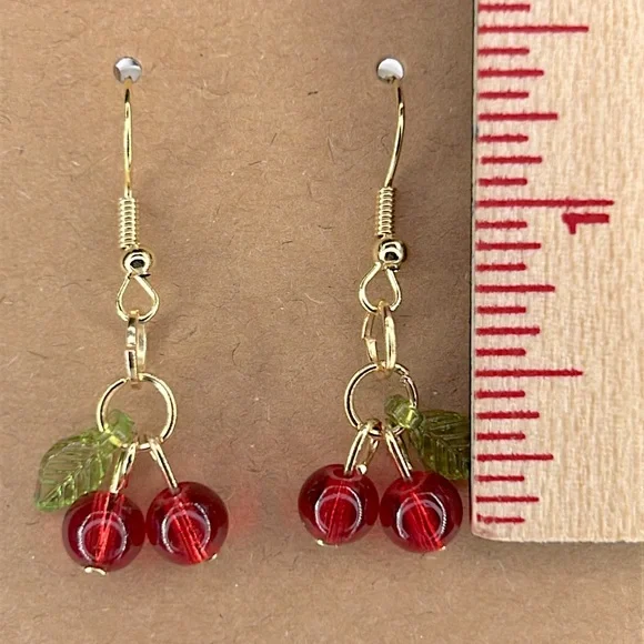 Beaded Cherry Bangle Earrings 18k Plated Hook Fashion Jewelry - Picture 3 of 3